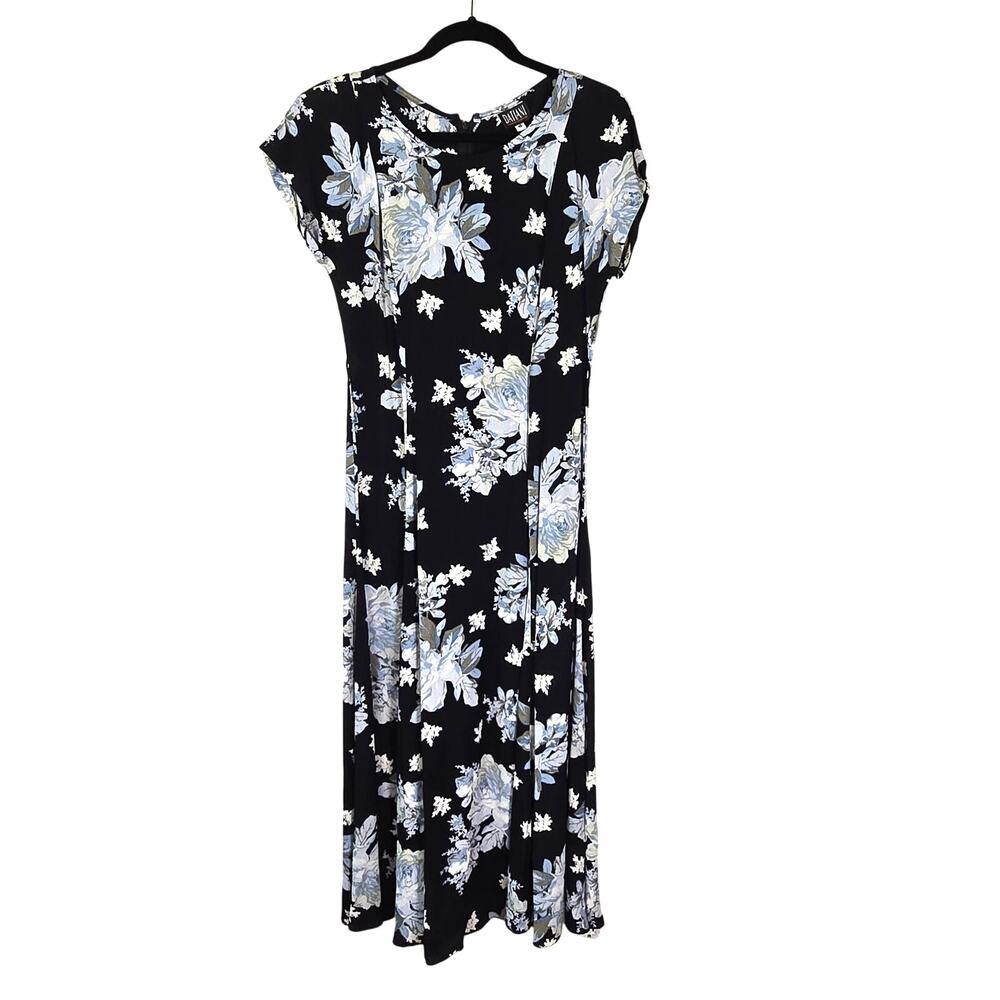 Vintage 90s Datiani Maxi Dress Womens 10 Black Blue Floral Cottagecore Romantic